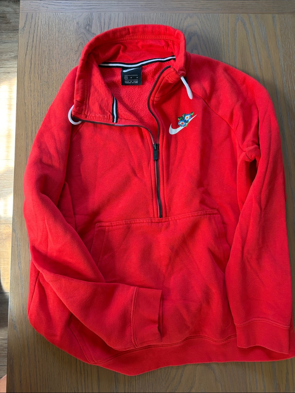 Nike Red Womans Quarter-Zip Fleece Pullover with flowerSwoosh